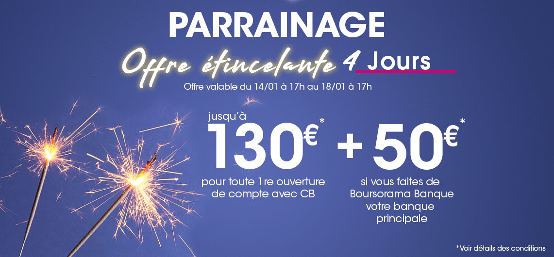 230€ offerts pour l’ouverture d’un compte Boursorama Banque via un parrain jusqu’au 18 janvier 2021