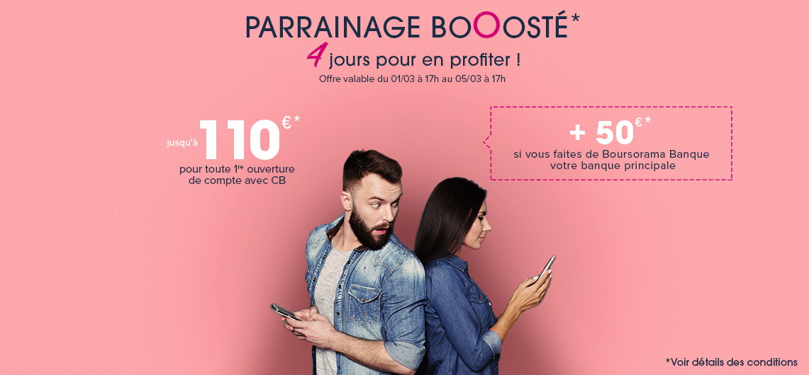 200€ offerts pour l’ouverture d’un compte Boursorama Banque via un parrain jusqu’au 5 mars 2021